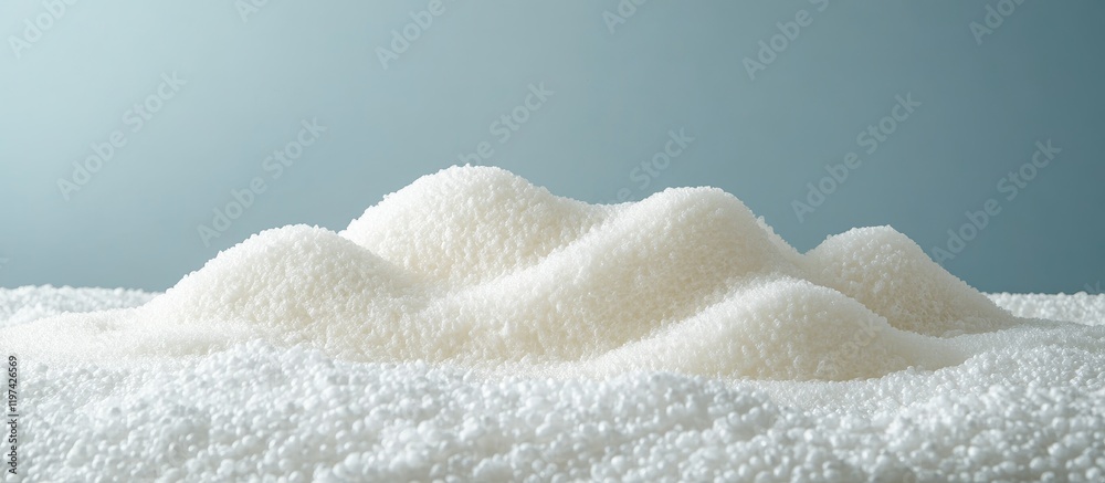 White sugar granules forming mounds on a smooth surface with soft blue background and ample copy space for text placement White sugar granules forming mounds on a smooth surface with soft blue background and ample copy space for text placement
