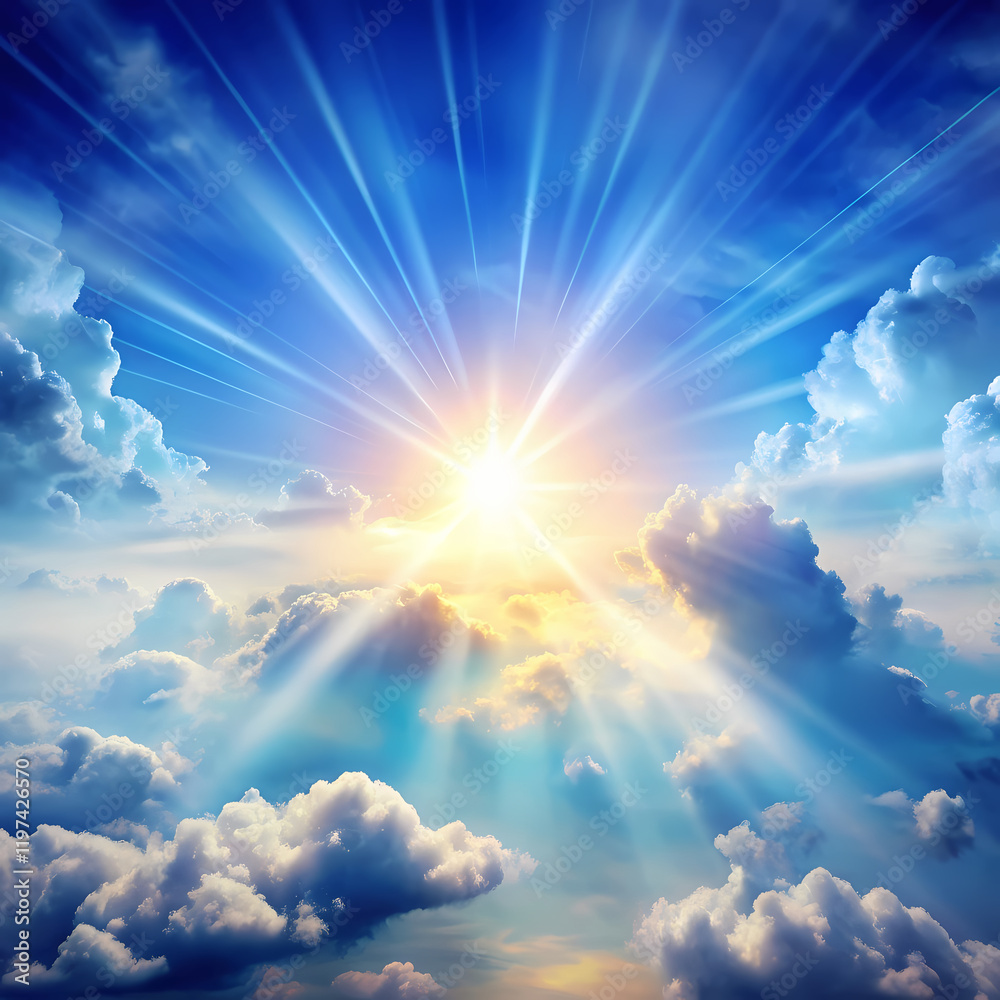 Heavenly Bright Sun Rays Shining Through Cloudscape Divine Peaceful Blue Sky Dramatic Light art beam Heavenly Bright Sun Rays Shining Through Cloudscape Divine Peaceful Blue Sky Dramatic Light art beam