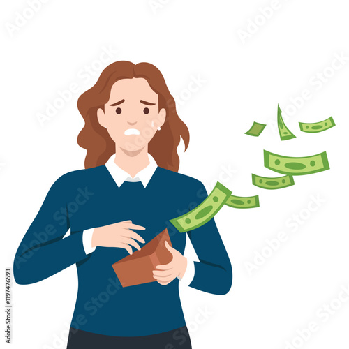 Woman Losing Money from her wallet. Financial Stress Concept. Flat vector illustration isolated on white background