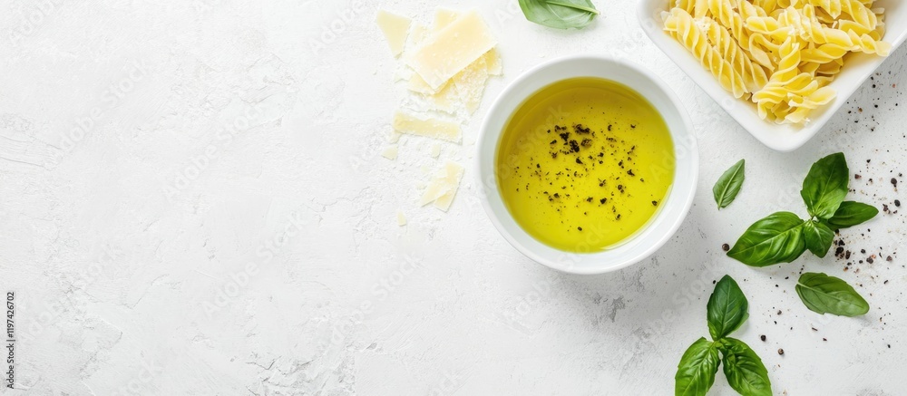 Freshly cooked pasta with olive oil in a bowl surrounded by basil leaves and grated cheese on a textured white background with Copy Space Freshly cooked pasta with olive oil in a bowl surrounded by basil leaves and grated cheese on a textured white background with Copy Space