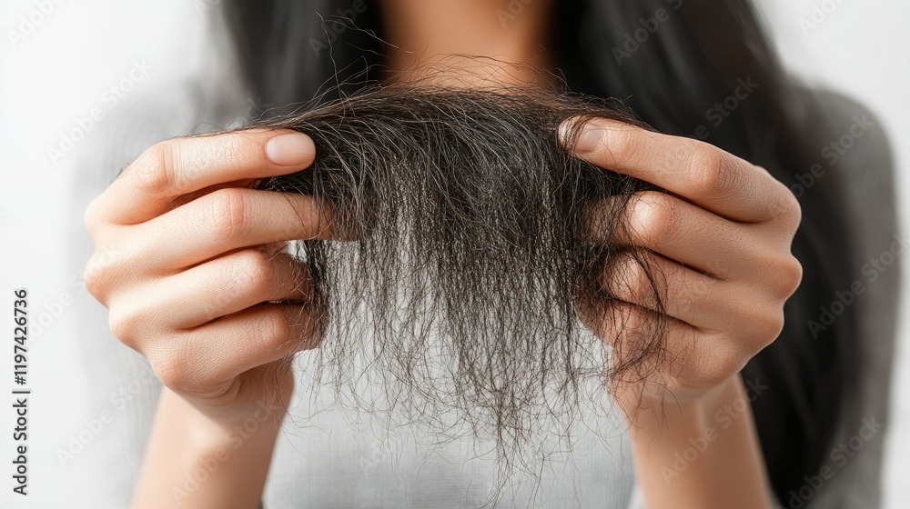 Fototapeta premium Detailed view of a woman holding damaged hair in her fingers, showing dryness and split ends, bright clean background.