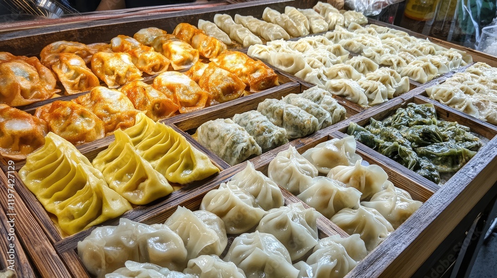 Fototapeta premium Colorful assortment of various dumplings in wooden trays showcasing yellow green and white fillings in a vibrant market setting.