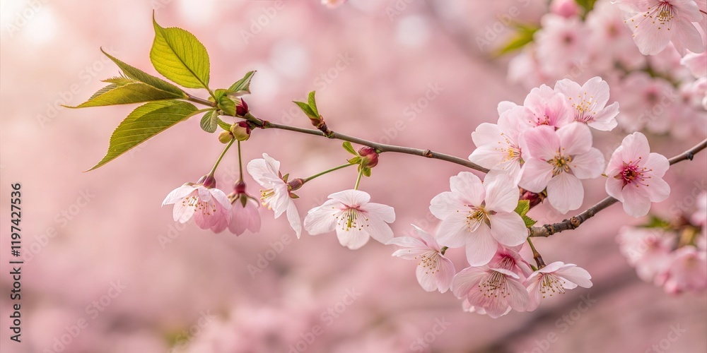Naklejka premium Horizontal banner with sakura flowers of pink color on blue sky backdrop. Beautiful nature spring background with a branch of blooming sakura. Sakura blossoming season in Japan