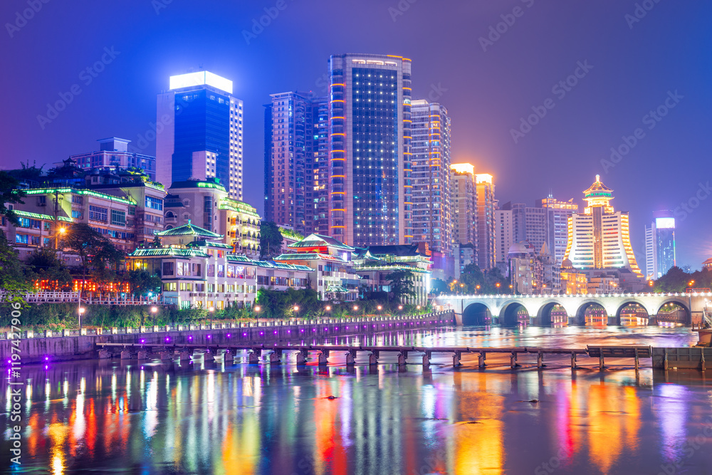 Naklejka premium Guiyang, China cityscape on the Nanming River