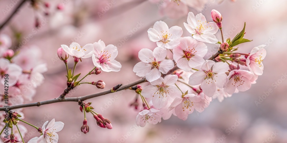 Fototapeta premium close-up of delicate cherry blossom branches, painted in soft pinks and whites, with petals gently falling. The scene captures the ethereal beauty of springtime, with muted green leaves and a soft