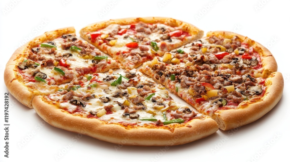 A pizza with four slices of pepperoni and mushrooms A pizza with four slices of pepperoni and mushrooms