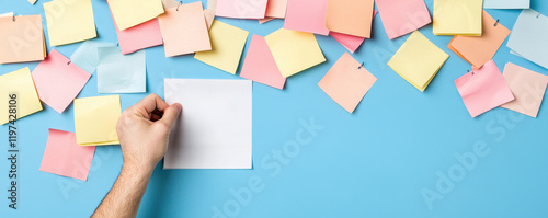 Workplace anxiety campain. Blank note being placed among colorful sticky notes on a blue background.