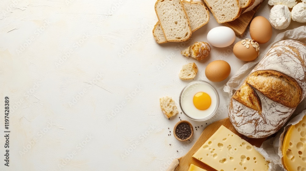 Assorted rustic food items featuring fresh bread, eggs, cheese, and yogurt arranged on a light textured background for a wholesome culinary concept Assorted rustic food items featuring fresh bread, eggs, cheese, and yogurt arranged on a light textured background for a wholesome culinary concept
