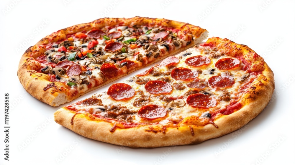 Two slices of pizza with pepperoni and sausage Two slices of pizza with pepperoni and sausage