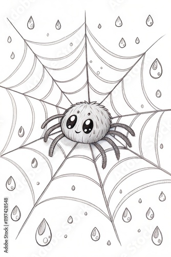 A cute spider sitting on a web, surrounded by small dew drops, outlined simply in black, drawn as an outline sketch, only black lines, no colors, simple and clean for a children's coloring book. photo