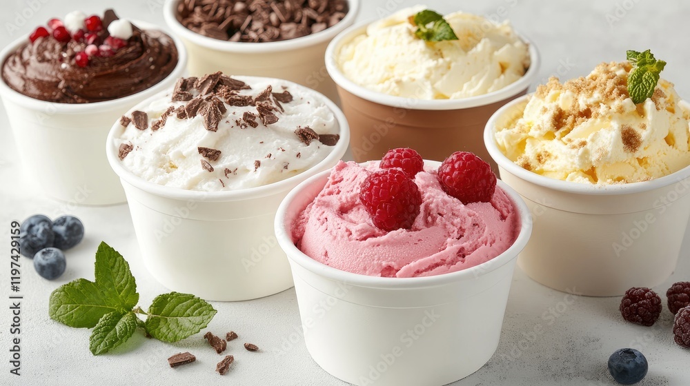 Assorted Fresh Desserts Featuring Creamy Ice Creams in White Cups with Red Raspberries and Blueberries on Light Background
