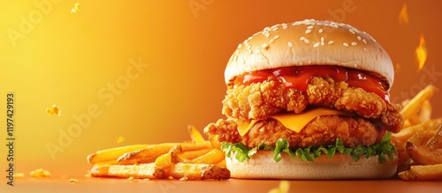 Fried chicken burger with cheese and lettuce accompanied by crispy french fries on a vibrant orange background with copy space
