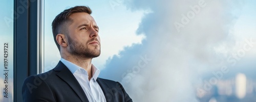 Workplace anxiety campain. Confident businessman gazing out of a high-rise window. photo