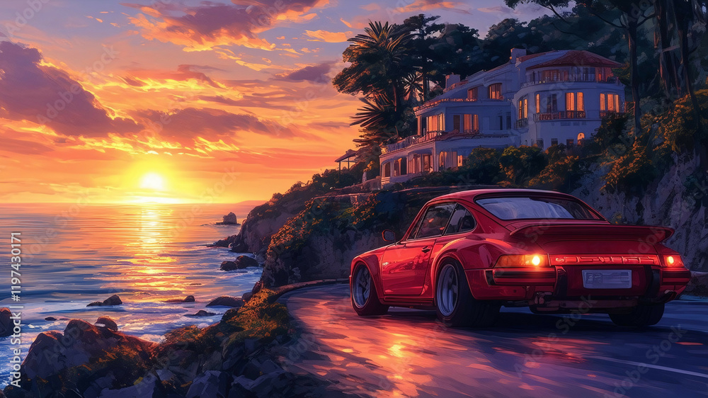 Fototapeta premium Red Sports Car Driving on Coastal Road During Vibrant Sunset, Scenic Landscape, Digital Illustration