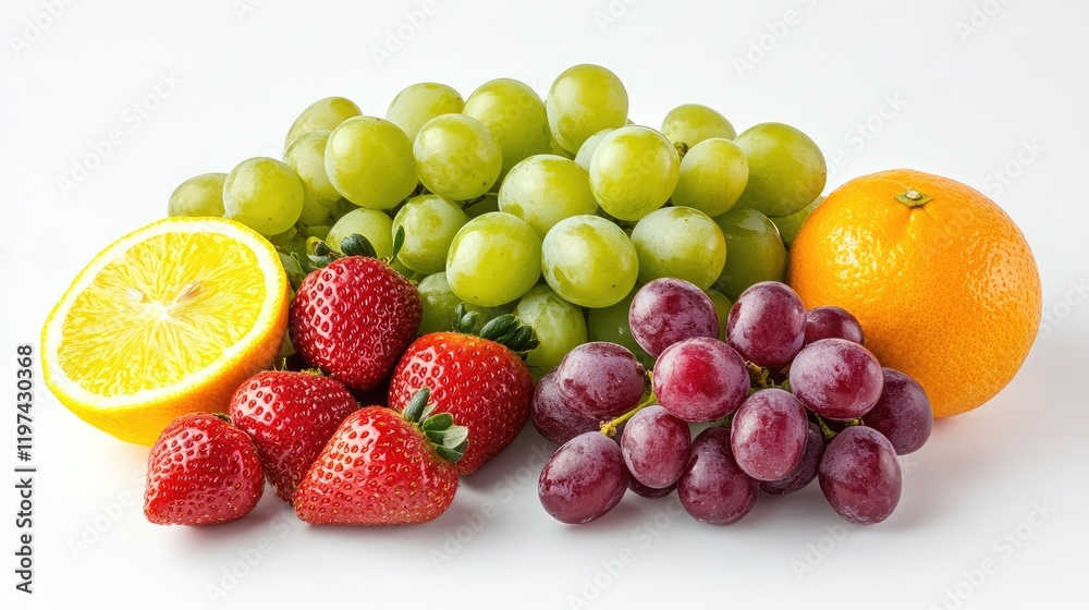 Assorted fresh green and purple grapes, vibrant strawberries, and citrus orange on white background with copy space for healthy food concept Assorted fresh green and purple grapes, vibrant strawberries, and citrus orange on white background with copy space for healthy food concept