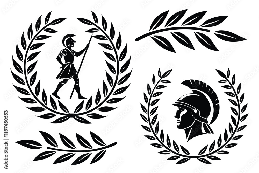 Fototapeta premium Laurel wreaths, black and white vector graphics, circular leaf designs, ancient Roman symbols, victory crowns, olive branch motifs, symmetrical patterns, award emblems, heraldic elements, minimalist l