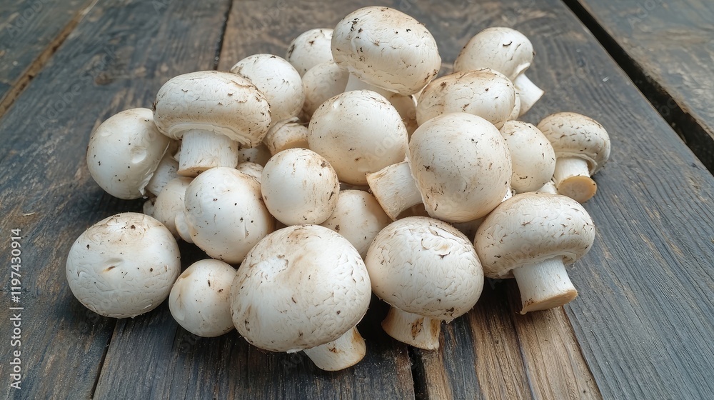 Assorted fresh white mushrooms arranged on rustic wooden background showcasing healthy organic ingredients for cozy autumn cooking and vegetarian dishes. Assorted fresh white mushrooms arranged on rustic wooden background showcasing healthy organic ingredients for cozy autumn cooking and vegetarian dishes.