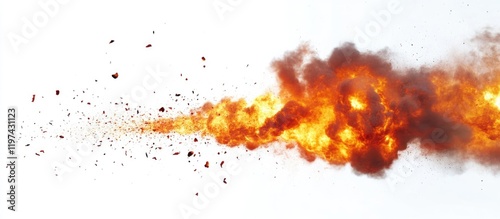 Explosive fireball with debris on a white background creating dynamic energy trail and Copy Space for text insertion photo