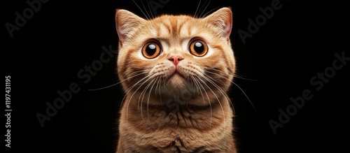 Brown exotic shorthair cat with large eyes on black background with Copy Space photo