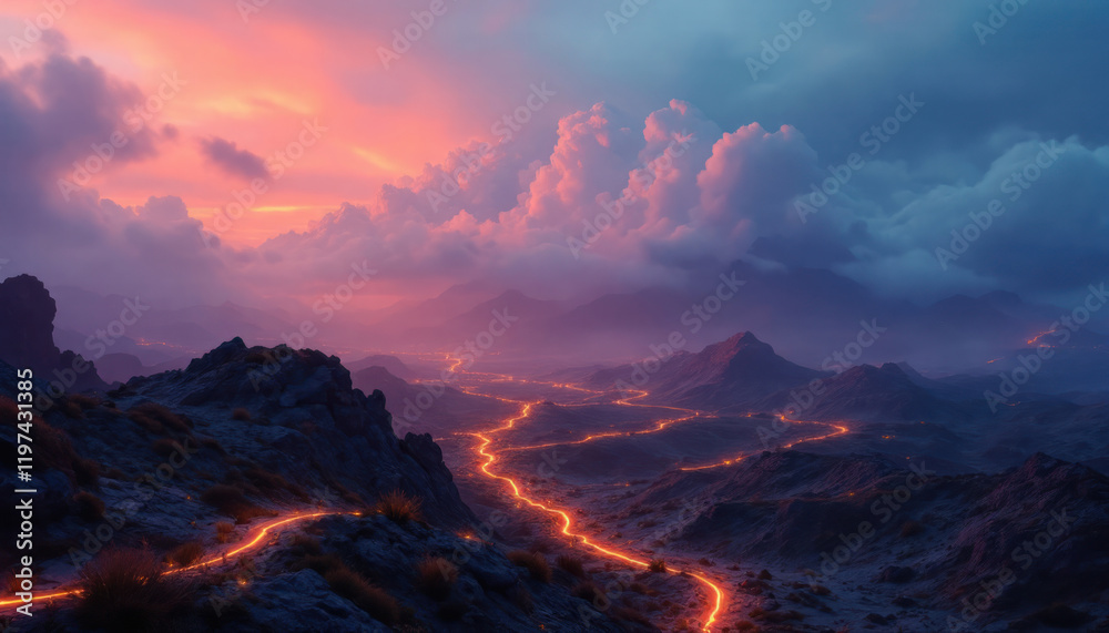 Sunset over the fiery winding road in the mountains Sunset over the fiery winding road in the mountains
