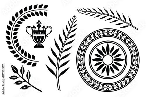 Laurel wreaths, black and white vector graphics, circular leaf designs, ancient Roman symbols, victory crowns, olive branch motifs, symmetrical patterns, award emblems, heraldic elements, minimalist l photo