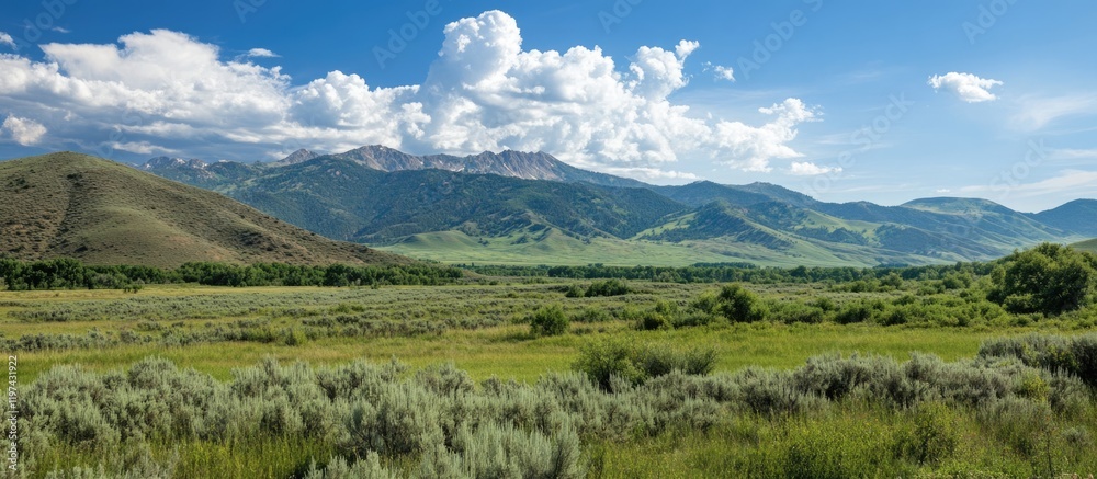 Obraz premium Vast green landscape with mountains and clouds under blue sky featuring Copy Space for text insertion