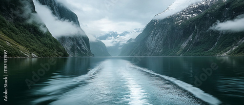 Fjords with snow capped mountains reflecting in cold blue waters photo