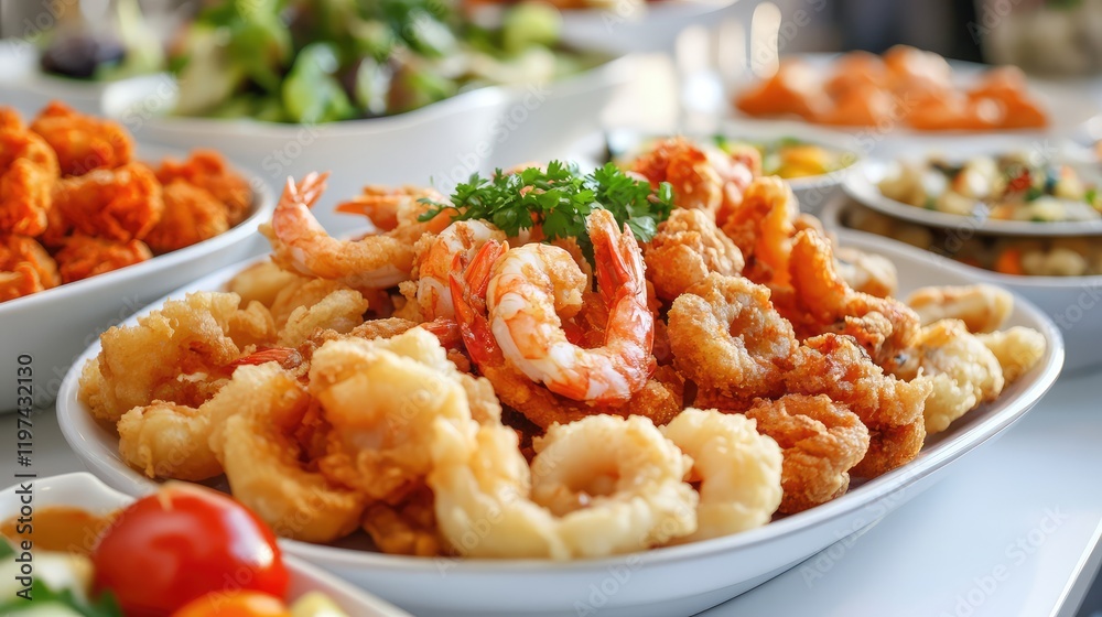 Fried Seafood and Vegetable Platter on Buffet Table with Garnish and Colorful Sides Fried Seafood and Vegetable Platter on Buffet Table with Garnish and Colorful Sides