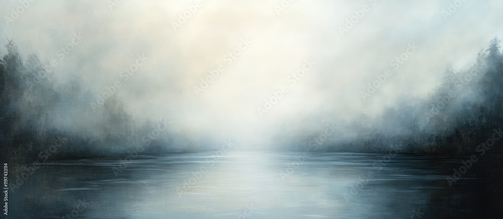 Misty landscape over calm water with trees in the background and soft colors Copy Space Misty landscape over calm water with trees in the background and soft colors Copy Space