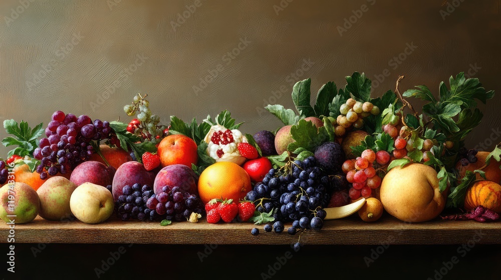 Vibrant Assortment of Fresh Fruits and Vegetables in Vivid Colors on Rustic Wooden Table with Dark Background Vibrant Assortment of Fresh Fruits and Vegetables in Vivid Colors on Rustic Wooden Table with Dark Background
