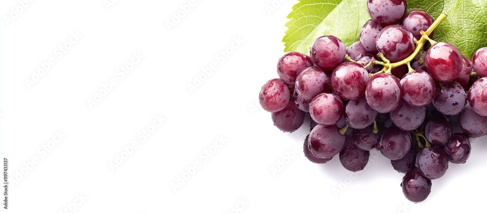 Fototapeta premium Fresh red grapes with green leaves on white background, horizontal composition with ample copy space for text placement.
