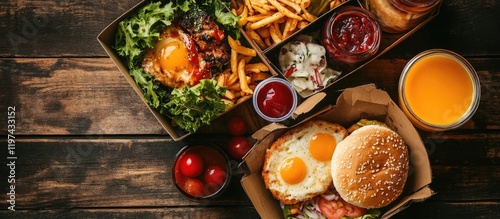 Wallpaper Mural Breakfast and lunch takeaway boxes with eggs, salad, fries, beverages and condiments on rustic wooden table with Copy Space Torontodigital.ca