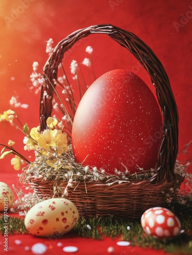 Happy Easter, red postcard with big egg and basket with Easter eggs photo