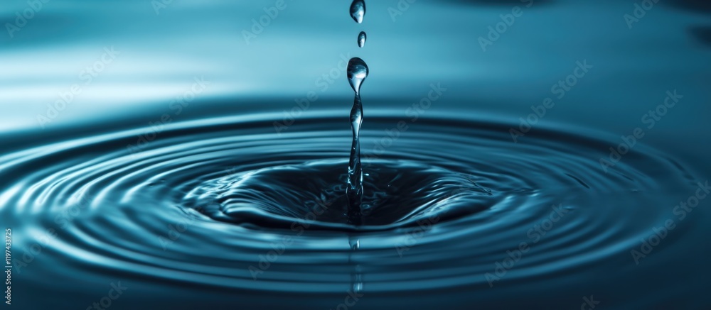 Water droplet creating ripples in calm blue water surface on dark background with Copy Space Water droplet creating ripples in calm blue water surface on dark background with Copy Space