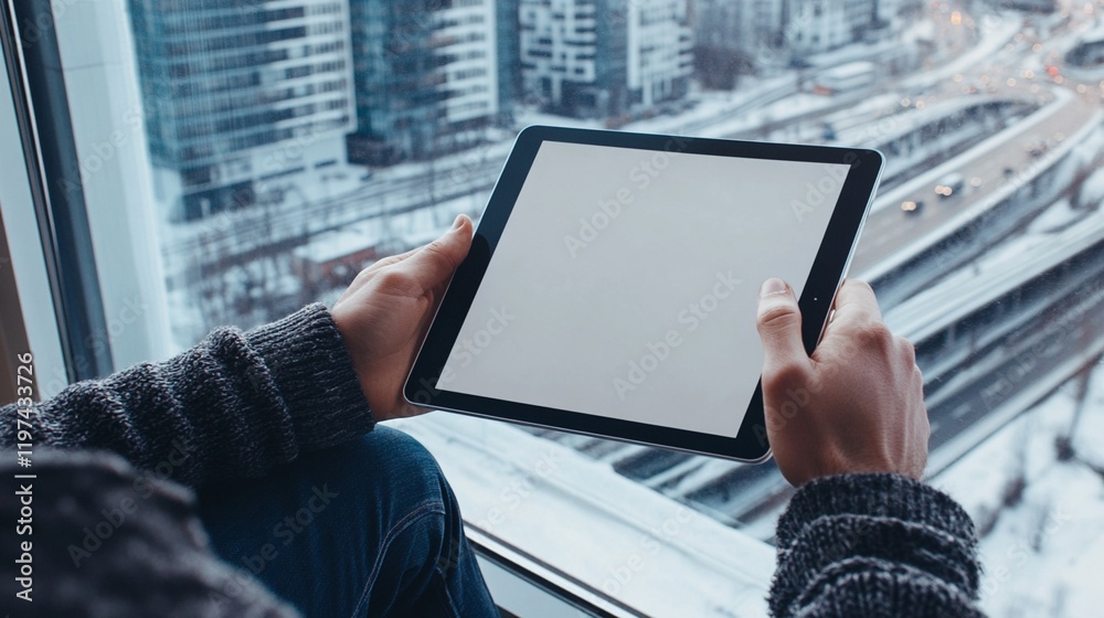 Person holding blank tablet screen while sitting by window overlooking modern city skyline with skyscrapers and roads, wearing grey sweater, perfect mockup for digital content. Person holding blank tablet screen while sitting by window overlooking modern city skyline with skyscrapers and roads, wearing grey sweater, perfect mockup for digital content.
