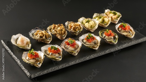 Assorted Gillardeau oysters on a black slate platter garnished with colorful canapes and fresh herbs, high angle view, elegant seafood presentation. photo