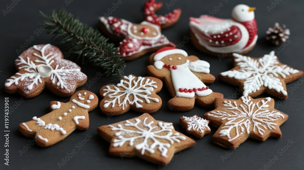 Assorted gingerbread cookies with white icing including snowflakes, a gingerbread man, and festive decorations on a dark background with pine branch. Assorted gingerbread cookies with white icing including snowflakes, a gingerbread man, and festive decorations on a dark background with pine branch.
