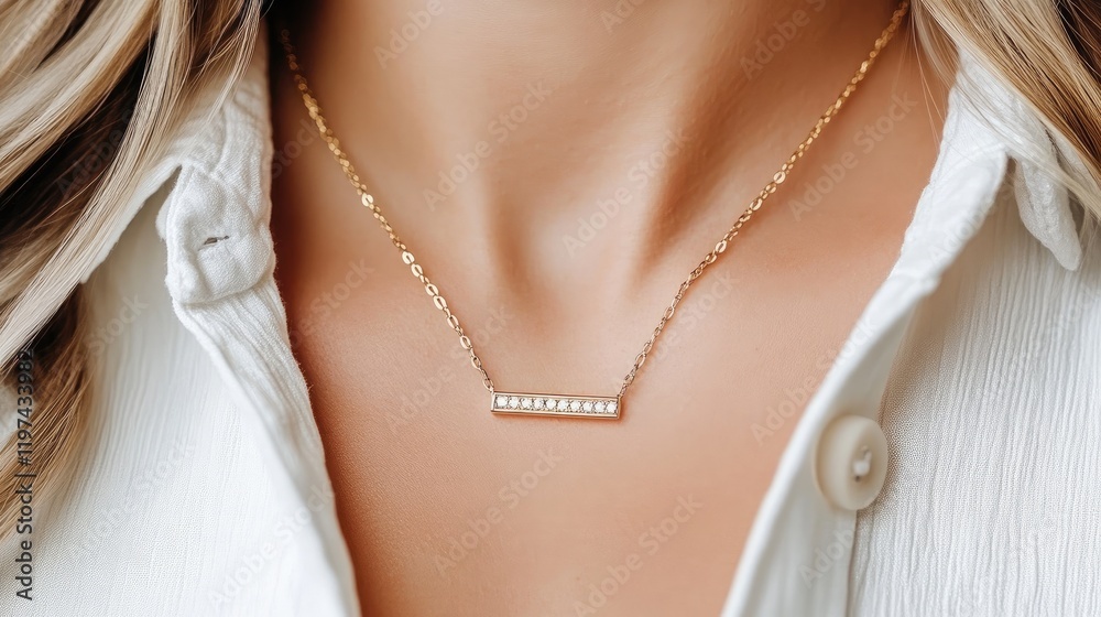 Close-up of a woman holding a gold bracelet and pendant necklace with a blank tag on her chest while wearing a white linen shirt Close-up of a woman holding a gold bracelet and pendant necklace with a blank tag on her chest while wearing a white linen shirt