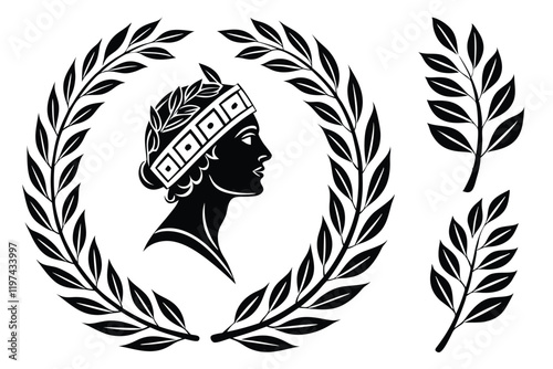 Laurel wreaths, black and white vector graphics, circular leaf designs, ancient Roman symbols, victory crowns, olive branch motifs, symmetrical patterns, award emblems, heraldic elements, minimalist l