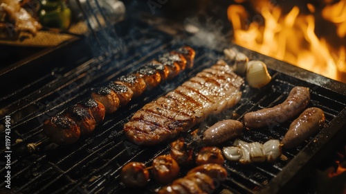Assorted grilled meats and sausages cooking on barbecue grill with flames in background.