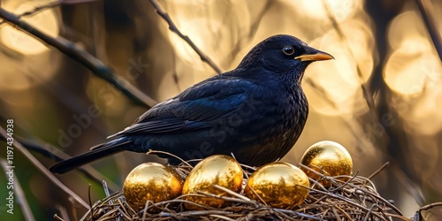 Black bird is sitting on a nest with gold eggs photo