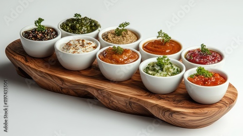 Assorted Healthy Sauces in White Bowls on a Wooden Platter with Fresh Herbs and Green Leaf Garnish on a Light Background photo