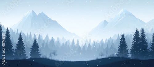 Winter Mountain Landscape with Pine Trees in Misty Atmosphere and Copy Space for Text