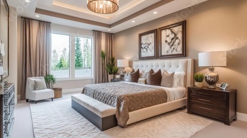 A luxurious bedroom with a soft carpet, a textured bedspread, and decorative lighting for an elegant touch.