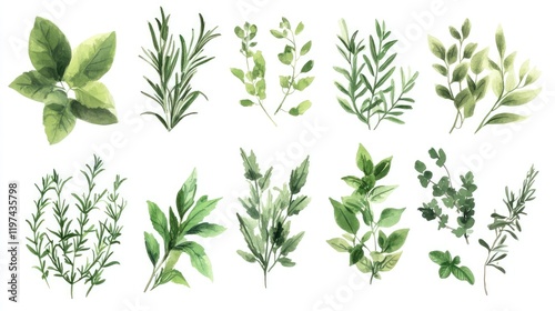 Wallpaper Mural Collection of green herbs including rosemary, oregano, and tarragon arranged in a flat layout on a white background. Torontodigital.ca