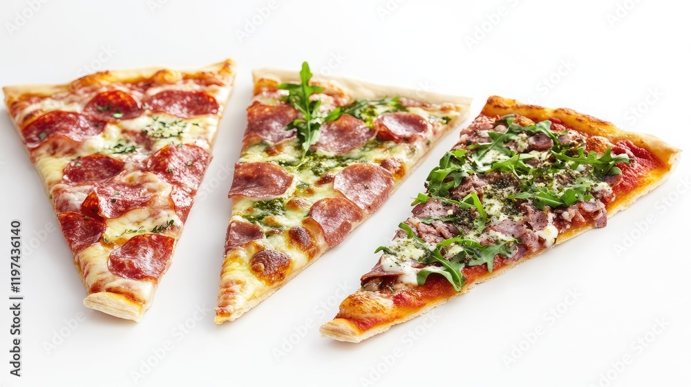 Assorted slices of homemade pizza with various toppings on a white background Assorted slices of homemade pizza with various toppings on a white background