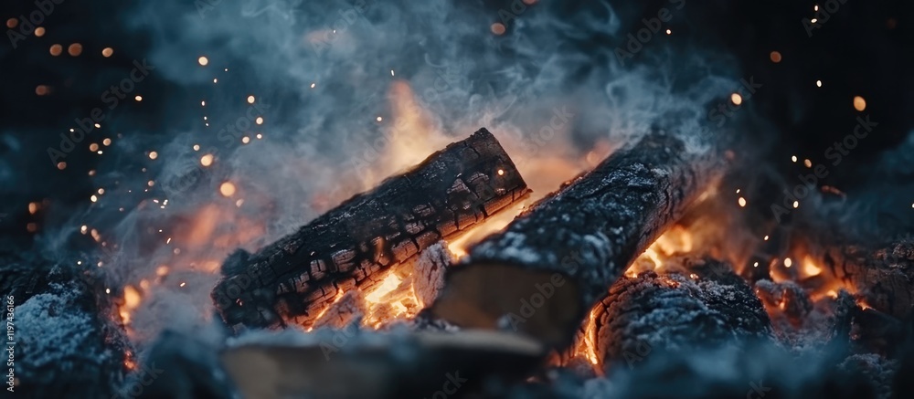 Fototapeta premium Burning logs with sparks and smoke in a campfire setting providing Copy Space for text placement