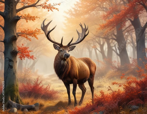 A beautiful watercolor artwork of a dominant red deer stag in autumn scenery, Artwork, Nature photo