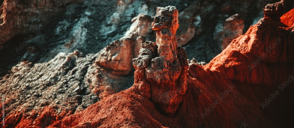 Abstract rock formations with vivid red and dark textures in a natural landscape Copy Space Abstract rock formations with vivid red and dark textures in a natural landscape Copy Space