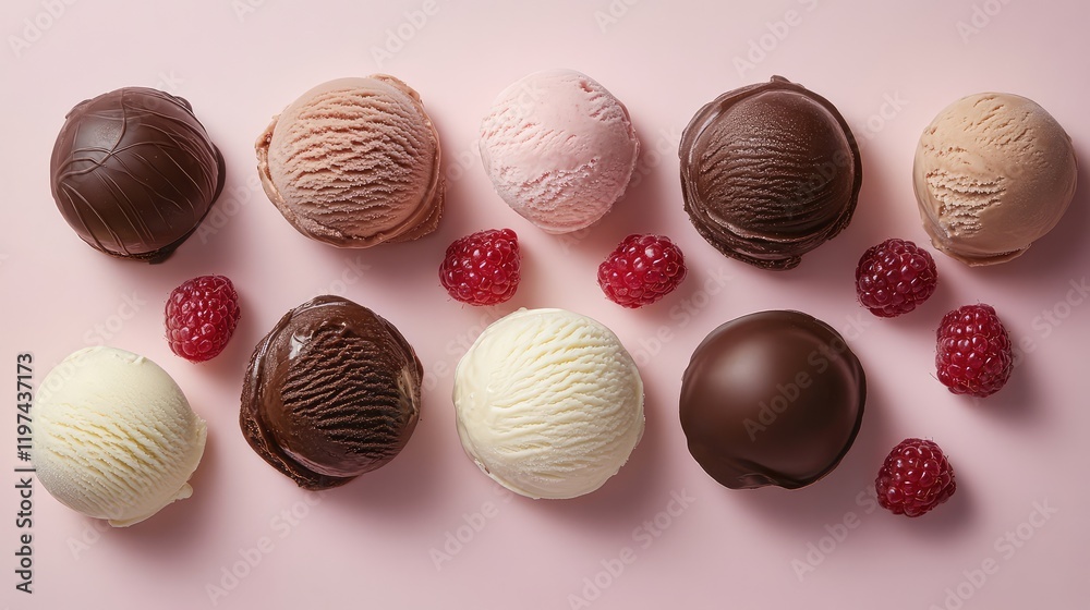 Fototapeta premium Assorted ice cream scoops in chocolate, vanilla, strawberry, and raspberry on pastel pink background viewed from above.